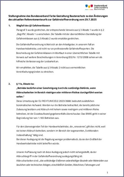 Stellungnahme des Maler- und Lackiererhandwerks zum neuen Referentenentwurf zur Gefahrstoffverordnung