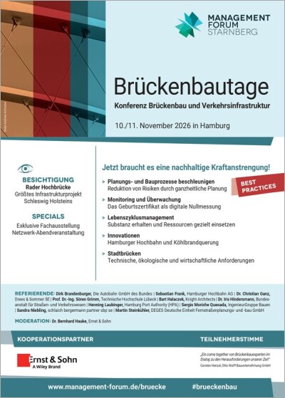 Brückenbautage<br/>Konferenz Brückenbau und Verkehrs&shy;infrastruktur<br/>10./11.11.2026 in Hamburg